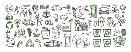 A set of elements. Co2 concept of climate change. Recycling. Separation of garbage. Vector isolated doodle