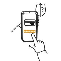 hand drawn doodle mobile phone card shield and password illustration vector