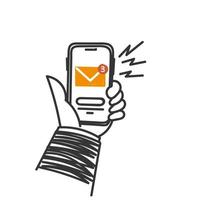 hand drawn doodle hand holding smartphone with envelope notification new massage vector