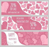 venta del día de san valentín. conjunto de pancartas o carteles con muchos corazones rosas. vector