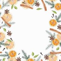 Christmas holiday frame decorated with oranges, evergreen tree, spices watercolor hand drawn for textile, napkins, gift cards, giftpaper vector