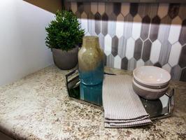 Modern Kitchen Counter With Metal Serving Tray
