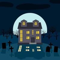 una casa solitaria en la noche frente a la luna. vector de fondo para halloween