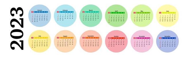 Horizontal calendar for 2023 isolated on a white background. Sunday to Monday, business template. Vector illustration