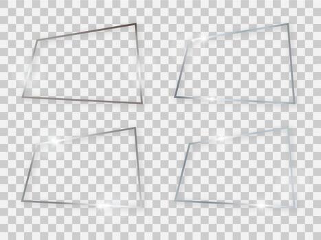 Set of four silver shiny rectangular frames with glowing effects and shadows. Vector illustration