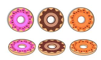 Donut vector set. Donut collection. Sweet sugar icing donuts. break time with white chocolate, strawberry and chocolate donuts top view.