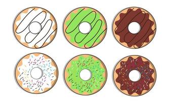 Donut vector set. Donut collection. Sweet sugar icing donuts. break time with white chocolate, strawberry and chocolate donuts top view.