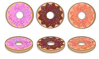 Donut vector set. Donut collection. Sweet sugar icing donuts. break time with white chocolate, strawberry and chocolate donuts top view.