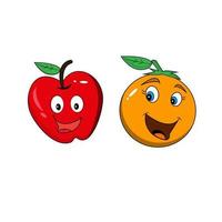 feliz lindo conjunto de cara de fruta sonriente. colección de iconos de ilustración de personaje de dibujos animados kawaii plano vectorial. lindo concepto de conjunto de emoji de personaje de naranja, manzana y tomate vector