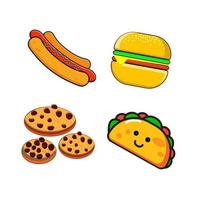 conjunto de diseño plano de icono de comida chatarra. iconos de comida rápida y dulces. elemento de diseño para menús de café. taco, hamburguesa, galletas y sosis vector