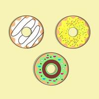 Donut vector set. Donut collection. Sweet sugar icing donuts. break time with white chocolate, strawberry and chocolate donuts top view.