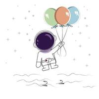 Cute spaceman keeps a balloons.Astronaut stand on the Moon. Childish vector illustration.Hand drawn style