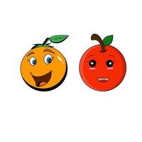 feliz lindo conjunto de cara de fruta sonriente. colección de iconos de ilustración de personaje de dibujos animados kawaii plano vectorial. lindo concepto de conjunto de emoji de personaje de naranja, manzana y tomate vector