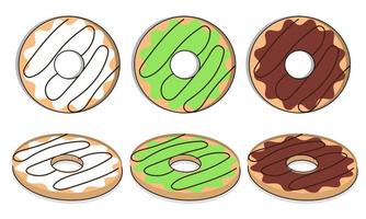 Donut vector set. Donut collection. Sweet sugar icing donuts. break time with white chocolate, strawberry and chocolate donuts top view.