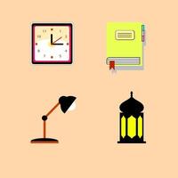 Flat vector illustration of books on table with sticky note on wall, stationery and lamp. Concept of reading for exam, studying for test, homework, student's element, learning, education