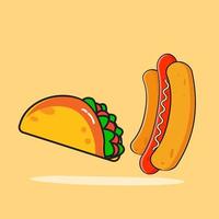 conjunto de diseño plano de icono de comida chatarra. iconos de comida rápida y dulces. elemento de diseño para menús de café. taco, hamburguesa, galletas y sosis vector