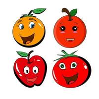 feliz lindo conjunto de cara de fruta sonriente. colección de iconos de ilustración de personaje de dibujos animados kawaii plano vectorial. lindo concepto de conjunto de emoji de personaje de naranja, manzana y tomate vector