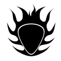 Vector illustration of a plectrum with black flames. Music house logo on white background.