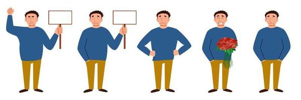 A set of male characters. A strong man with a sign for text in his hand. vector