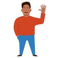 A fashionable African-American man in casual clothes greets. Friendly greeting of a strong young guy. vector
