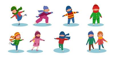 un grupo de niños patinando sobre hielo. Deportes de invierno. vector