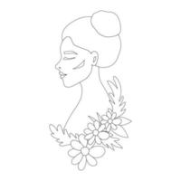 Beautiful young woman with flowers in the style of line art. vector illustration