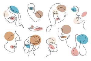 Set of women's portraits in the style of line art with colored spots. vector illustration