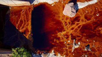 Aerial drone view of Mining activity in Minas de Riotinto in Spain. Polluted river, red color of water. Apocalypse scenery. Extractivism. Mining village in Andalusia. Earth destruction. Disruption. photo