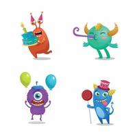 ilustración de diseño de colección de conjunto de personajes planos dibujados a mano de dibujos animados de fiesta de cumpleaños de monstruo lindo vector