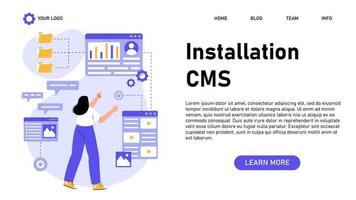 banner web de instalación de cms. sistema de gestión de contenidos. creación y modificación de contenidos digitales. idea de estrategia digital y contenido para redes sociales. vector