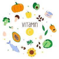 colección de fuentes de vitamina e. alimento sano equilibrado. ilustración vectorial plana. vector