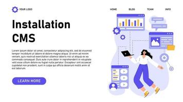 banner web de instalación de cms. sistema de gestión de contenidos. creación y modificación de contenidos digitales. idea de estrategia digital y contenido para redes sociales. vector