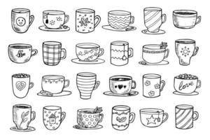 linda taza de té y café ilustración. imágenes prediseñadas de taza simple. acogedor conjunto de garabatos para el hogar vector