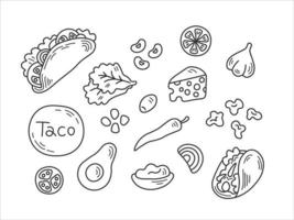 Doodle taco with ingredients set vector