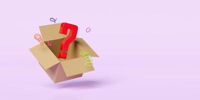 3d open goods cardboard box with white question mark symbol icon isolated on pink background. FAQ or frequently asked questions, minimal concept, 3d render illustration, clipping path photo