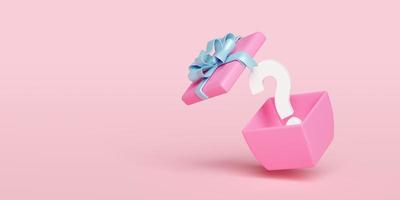 3d open gift box with white question mark symbol icon isolated on pink background. FAQ or frequently asked questions, minimal concept, 3d render illustration, clipping path photo