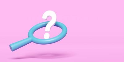 3d white question mark symbol with magnifying glass icon isolated on pink background. FAQ or frequently asked questions, minimal concept, 3d render illustration, clipping path photo