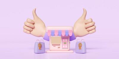 3d shop or store front with thumbs up isolated on pink pastel background. Startup franchise business, online shopping concept, 3d illustration or 3d render, clipping path photo