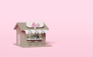 3d store front sign, coffee shop with chair, electric oven, cup drying rack isolated on pink background. online shopping concept, 3d illustration render, clipping path photo