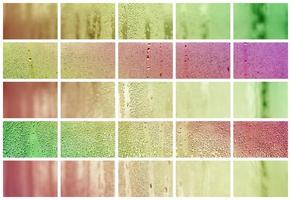 un collage de muchos fragmentos diferentes de vidrio, decorado con gotas de lluvia del condensado. tono otoñal con colores rojo, amarillo y verde foto