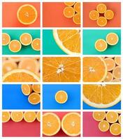 A collage of many pictures with juicy oranges. Set of images with fruits and different colors photo