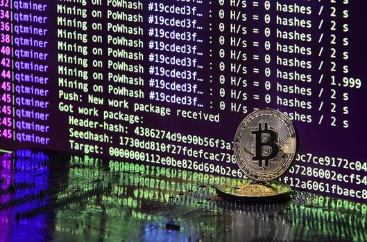 The digital process of cryptocurrency mining by using the GPUs. Bitcoins and video card on a working display and mining screen photo