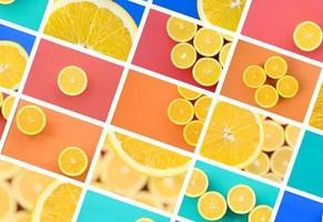 A collage of many pictures with juicy oranges. Set of images with fruits and different colors photo