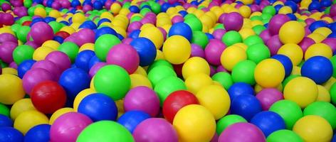 Many colorful plastic balls in a kids' ballpit at a playground. Close up pattern photo