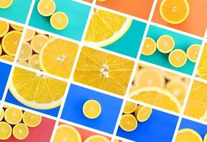 A collage of many pictures with juicy oranges. Set of images with fruits on backgrounds of different colors photo