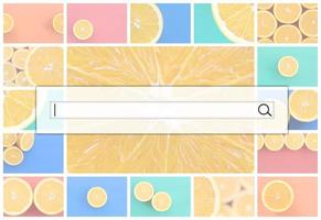 Visualization of the search bar on the background of a collage of many pictures with juicy oranges. Set of images with fruits on backgrounds of different colors photo