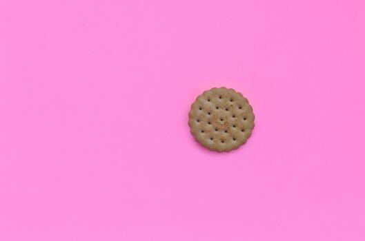 Miniature biscuit on a pink background. Trendy minimal concept of food and dessert. Abstract flat lay, top view photo