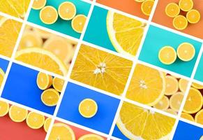 A collage of many pictures with juicy oranges. Set of images with fruits and different colors photo