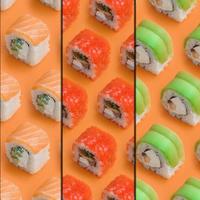 collage con diferentes tipos de rollos de sushi asiáticos sobre fondo naranja. minimalismo vista superior patrón plano laico con comida japonesa foto