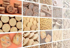 A collage of many pictures with various sweets close-up. A set of images with varieties of biscuits, bagels and candies photo